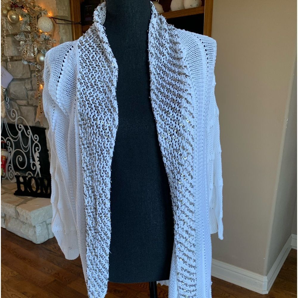 White Open Crocheted Beads Cardigan Sweater